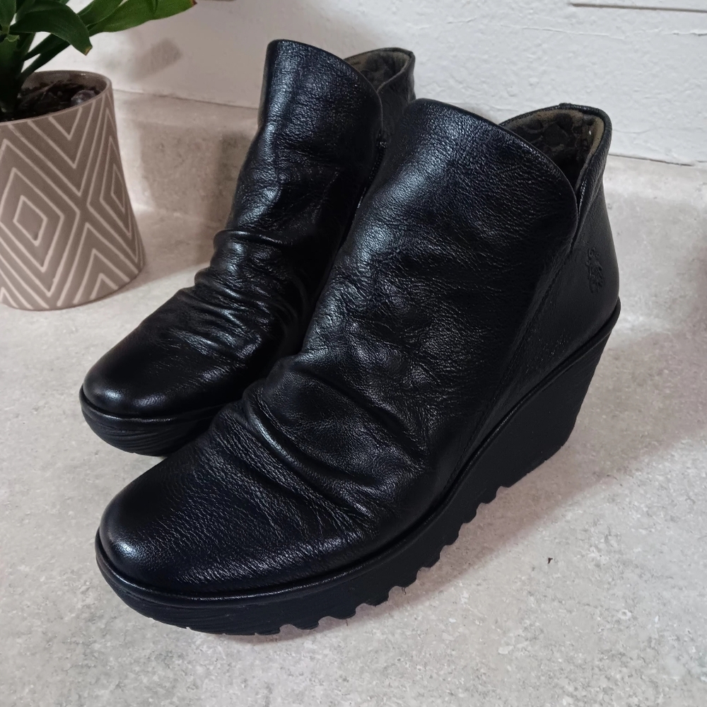 Fly London Black Leather Wedge Booties